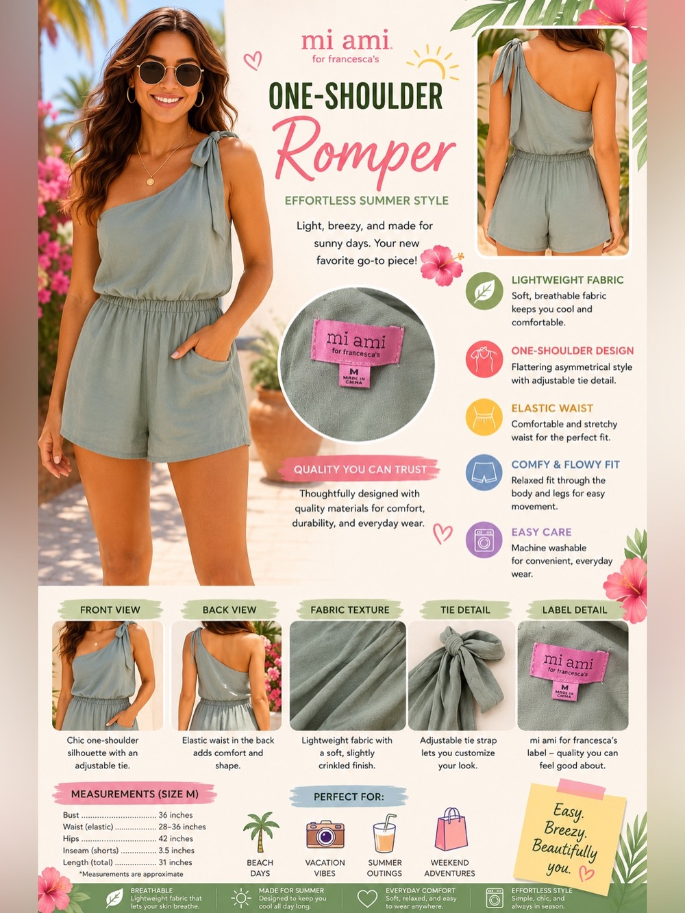 NWT- Mi Ami -Francesca’s brand One-Shoulder Romper in Sage Green